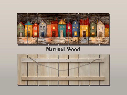 Wood Wall Art – Colorful Houses Print on Natural Wood with Glowing Windows