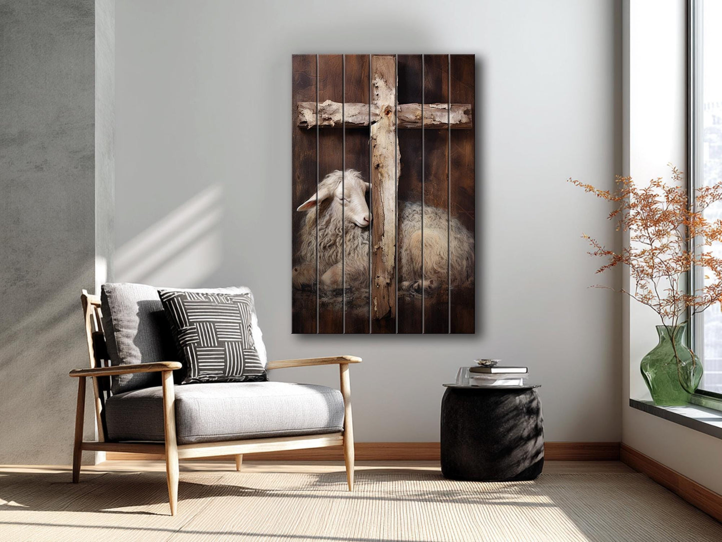 Religious Wall Art - Lamb And Cross Print | Natural Wood Decor - UV Printed Wood