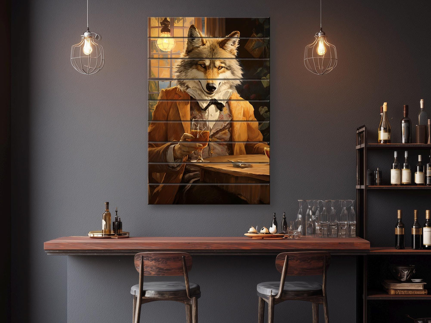 Wood Bar Wall Art – Wolf Bartender Artwork on Natural Wood Plank Print