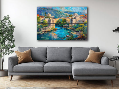 Bosnia Old Bridge Print on Wood, Rustic Mostar Bridge Painting, Bosnia and Herzegovina Wall Art, Bosnia Bridge Wood Print, Wood Wall Art