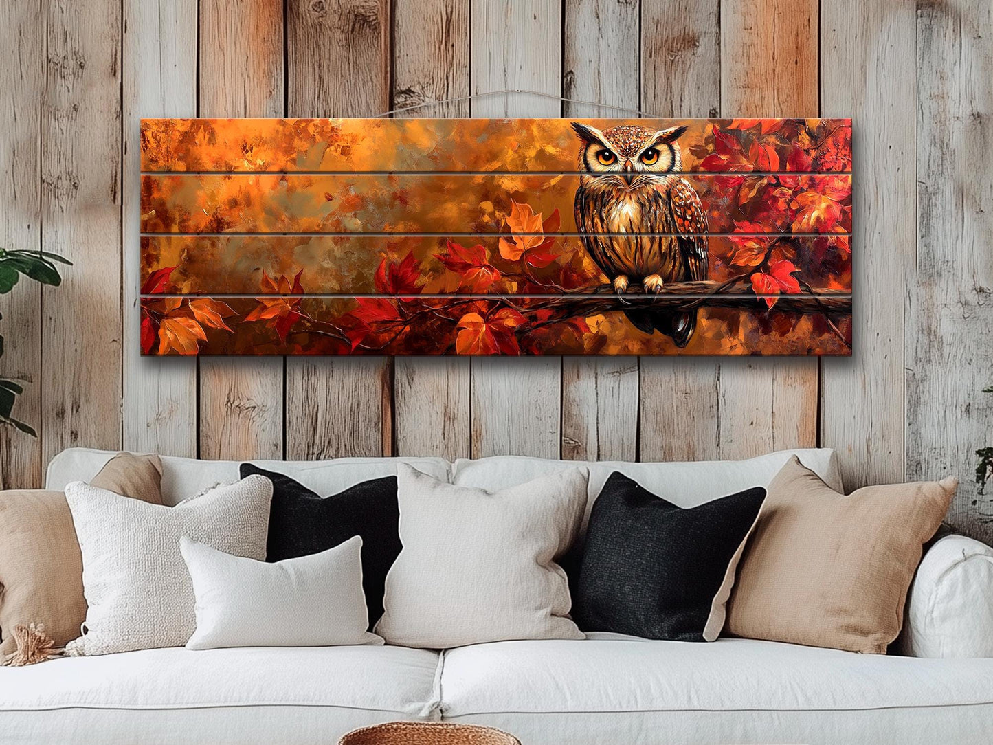 Rustic Wood Wall Art – Autumn Owl Painting on Linden Planks with Vibrant Fall Leaves