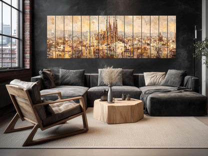Barcelona Wall Art – Rustic Wood Print Featuring Sagrada Familia Beige & Gold Painting