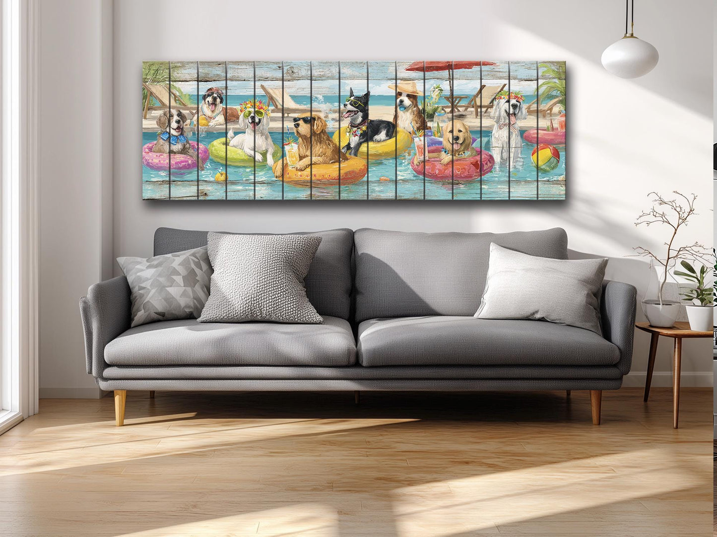 Dog Pool Wall Art – Funny Dog Painting On Rustic Wood For Summer Pool Party