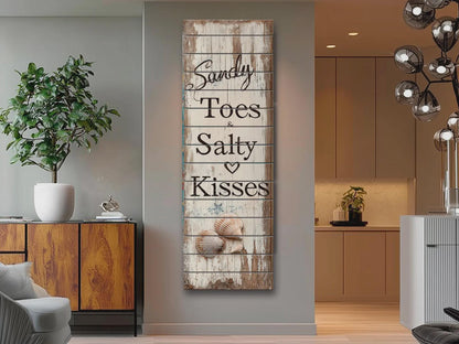 Rustic Beach Wall Art – Sandy Toes & Salty Kisses Coastal Wood Sign Decor