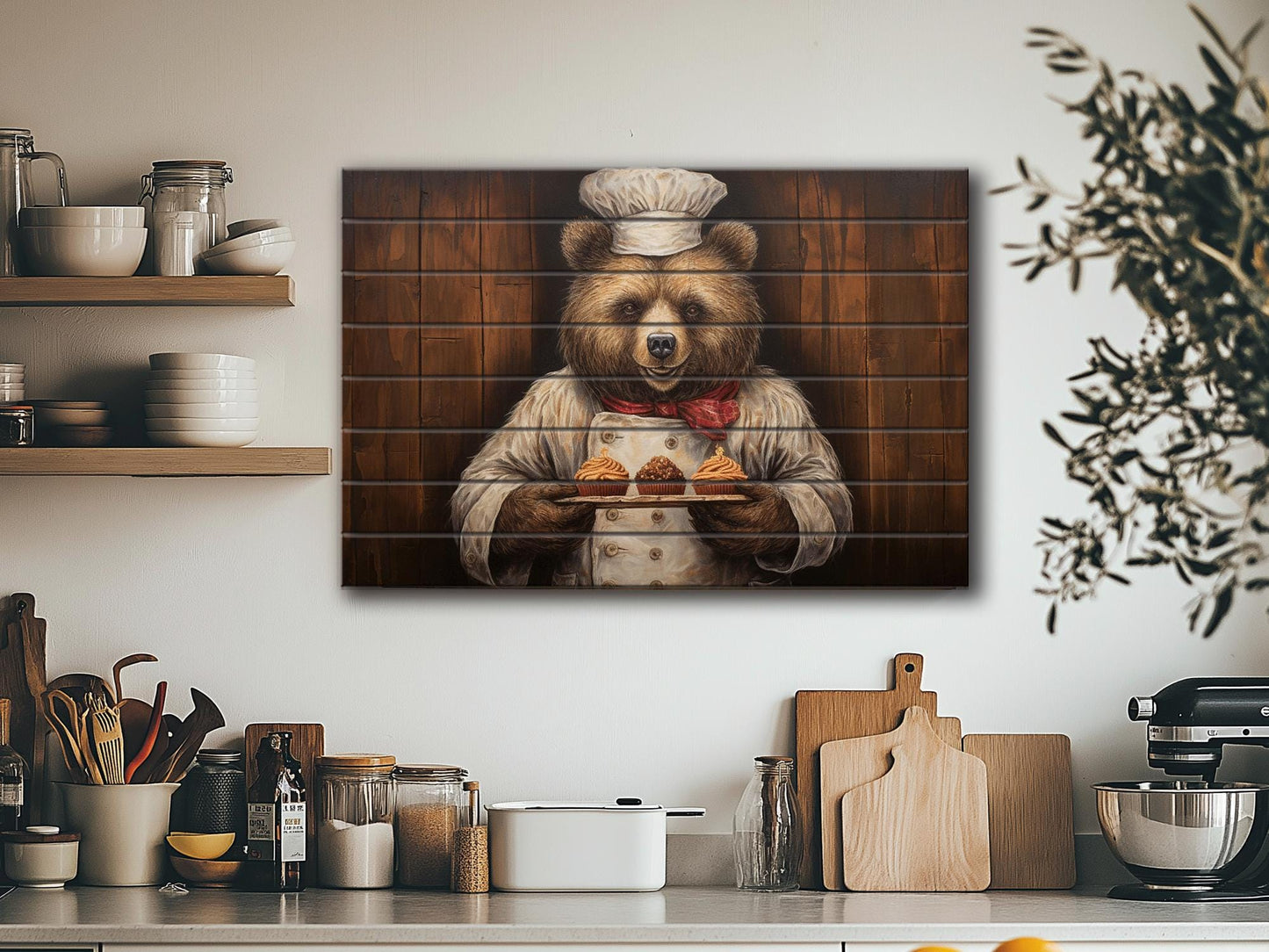 Rustic Bakery Wall Decor – Grizzly Bear Artwork Printed on Natural Wood Panels