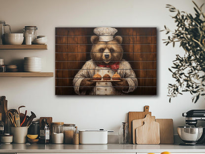 Rustic Bakery Wall Decor – Grizzly Bear Artwork Printed on Natural Wood Panels