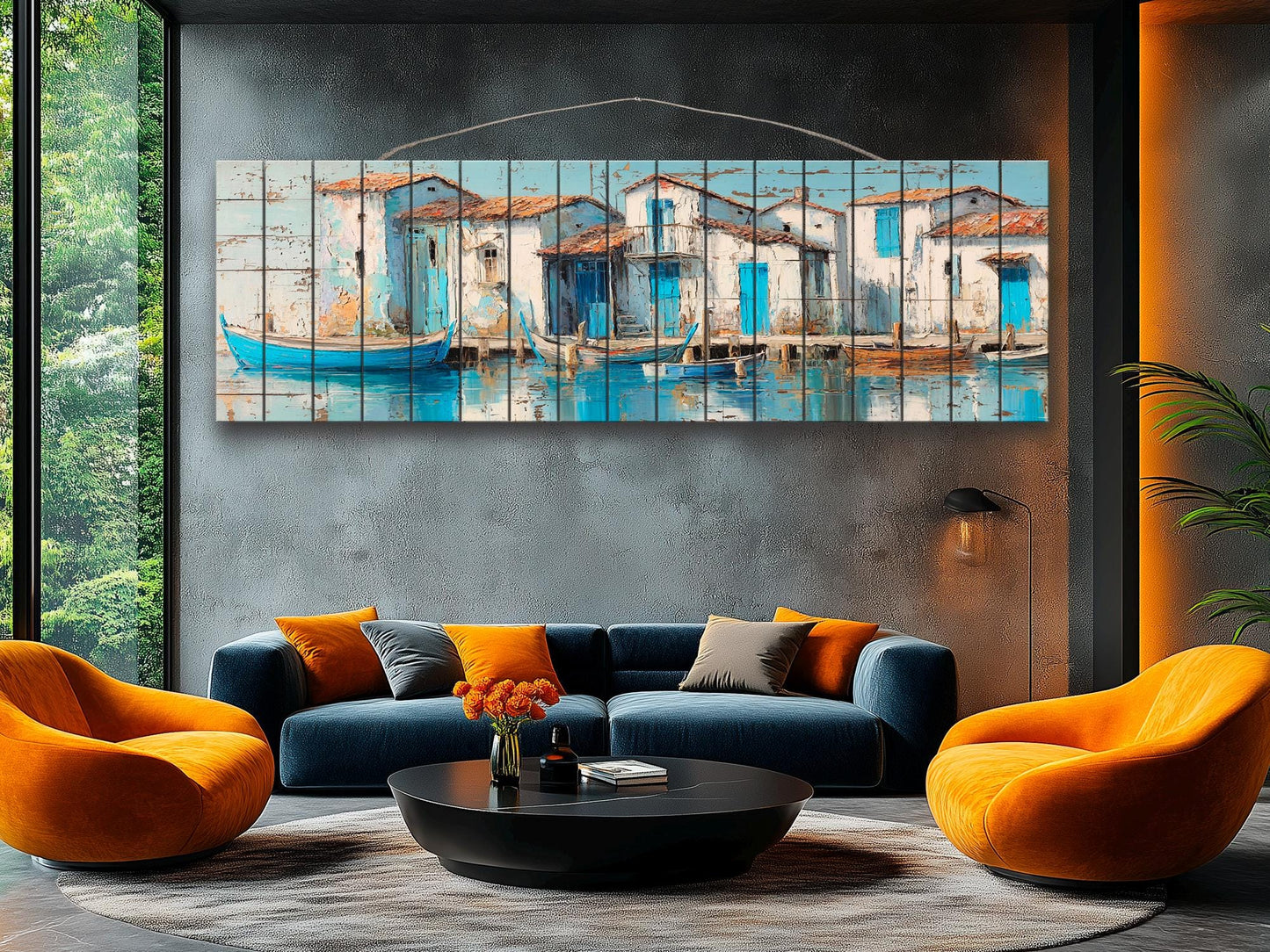 Seaside Village Print – Coastal Wall Art on Rustic Wood with Sky Blue Decor