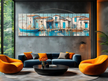 Seaside Village Print – Coastal Wall Art on Rustic Wood with Sky Blue Decor