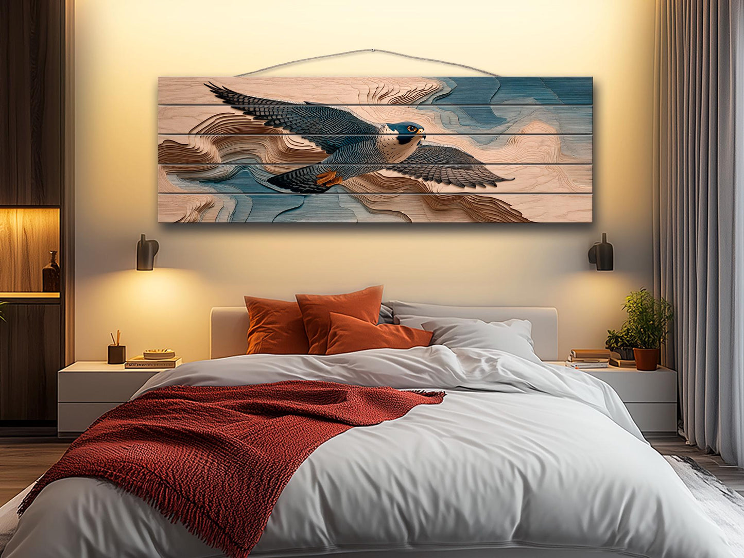 Peregrine Falcon Wood Print – Rustic Bird Painting | Nature Wall Decor