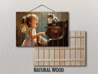 Wooden Piano Wall Art – Happy Girl Playing Piano Print on Natural Wood Plank
