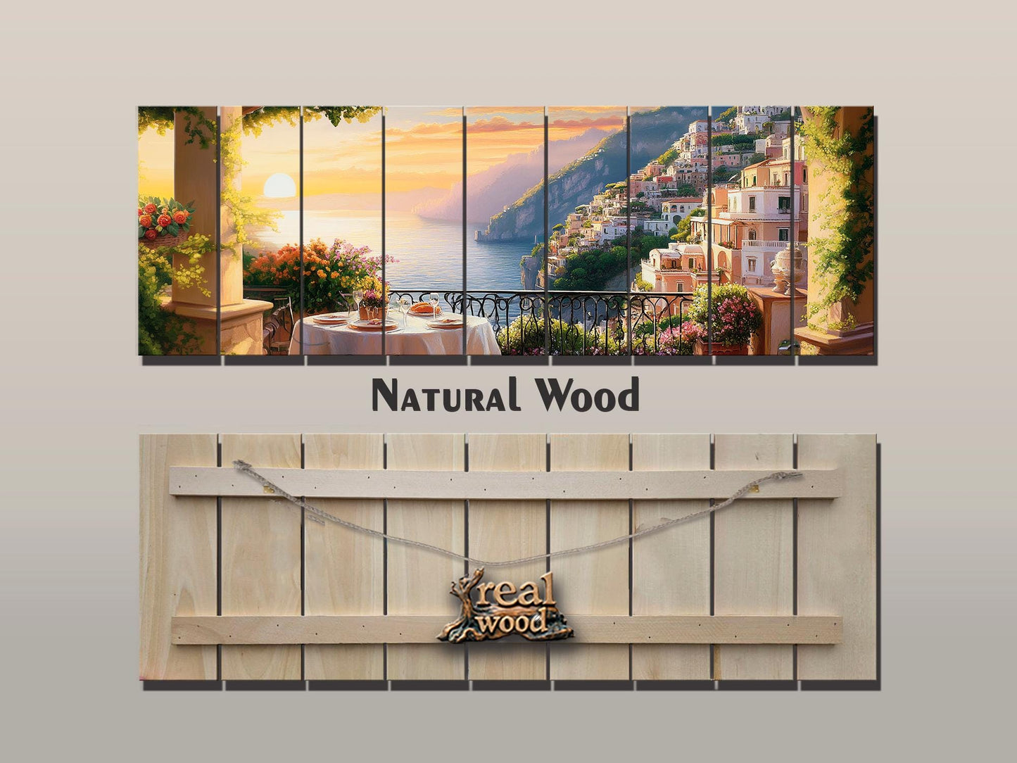Amalfi Coast Wall Art – Panoramic Italian Landscape Wood Print on Wood with Rustic Texture