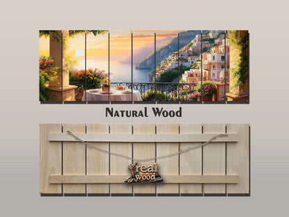 Amalfi Coast Wall Art – Panoramic Italian Landscape Wood Print on Wood with Rustic Texture