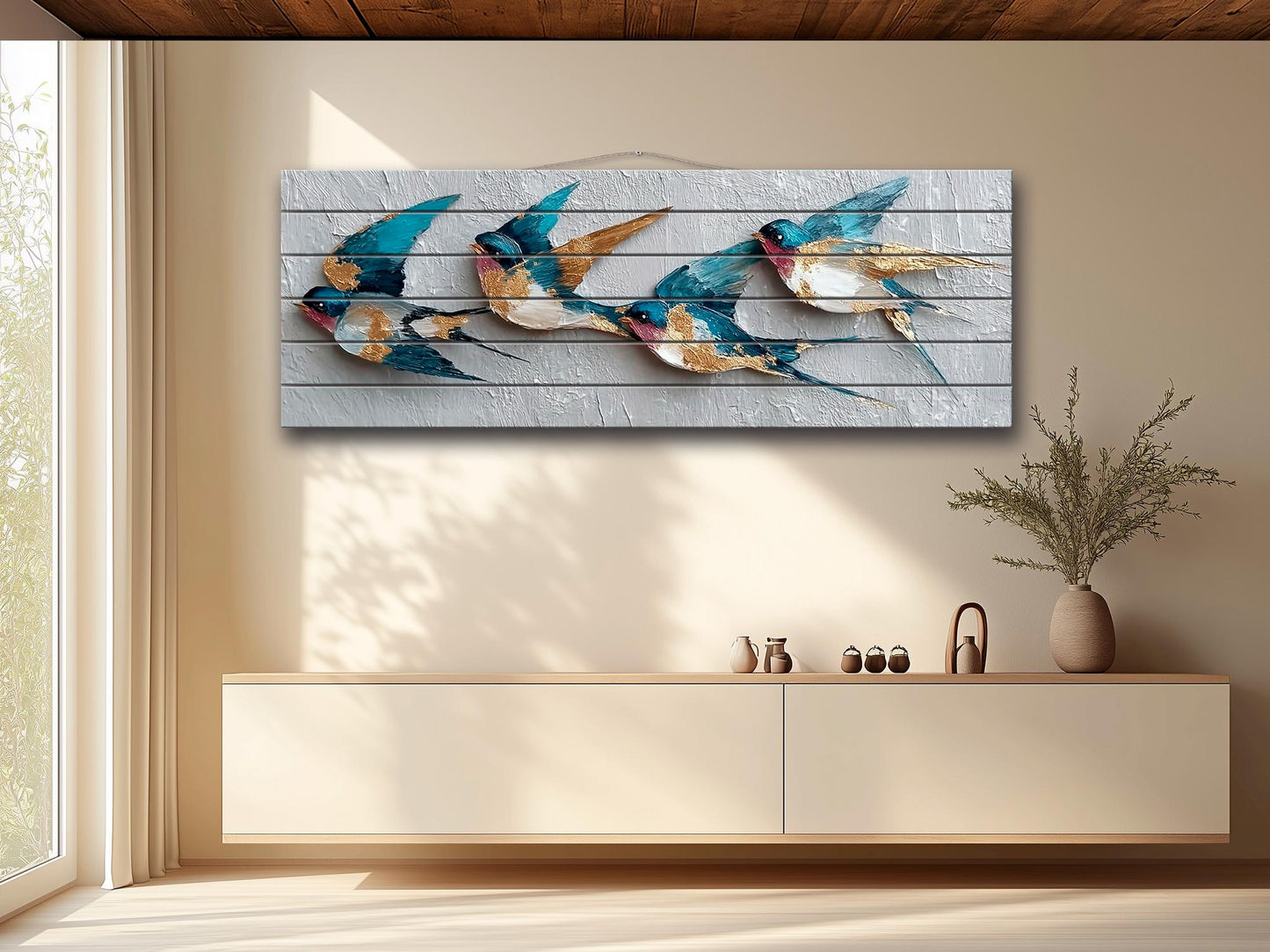 Flying Swallows Print on Natural Wood, Rustic Spring Wall Art
