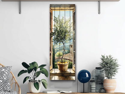 Window with Olive Tree Print on Wood, Tuscan Wall Art, Italian Watercolor Decor