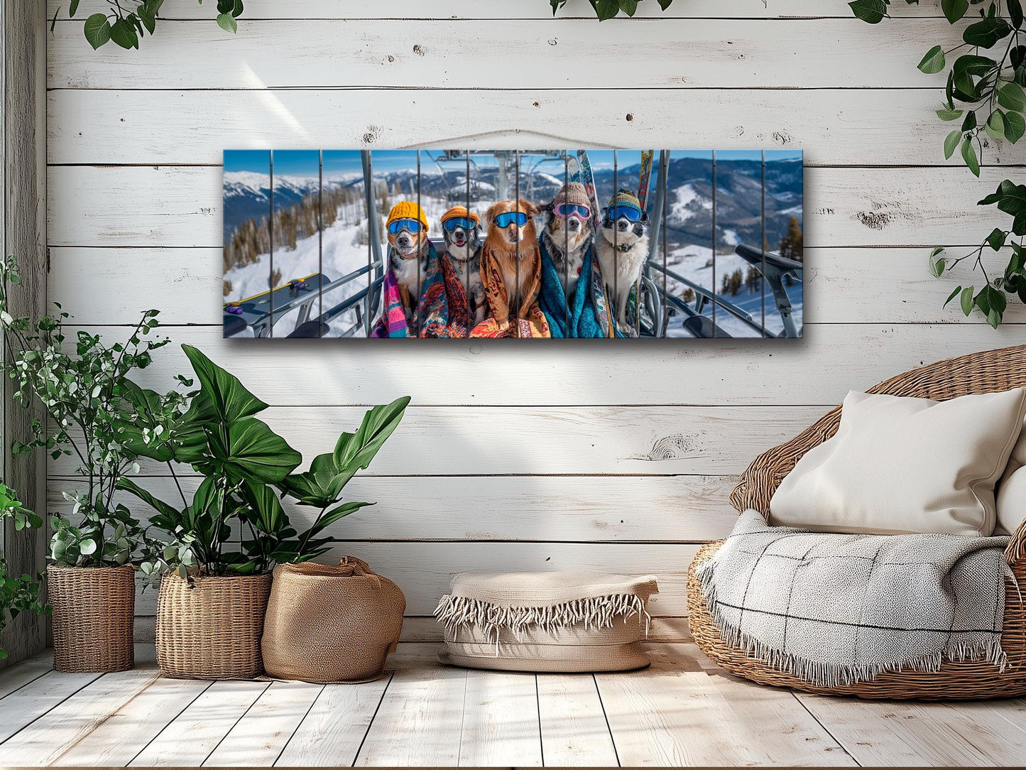Skiing Dogs Wall Art – Mountain Wood Print | Cozy Winter Cabin Decor