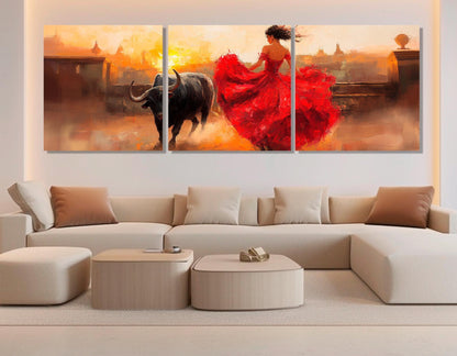 Corrida Painting Canvas – Lady in Red Dress Bullfight Wall Decor, Framed Art