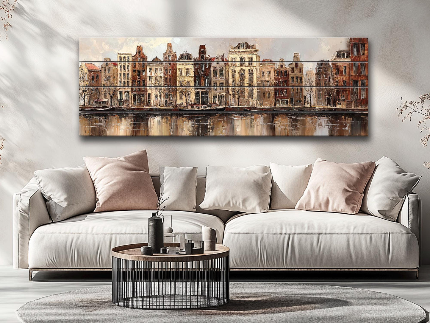 Amsterdam Canal Houses Print – Rustic Wood Art Beige Wall Decor on Distressed Wood