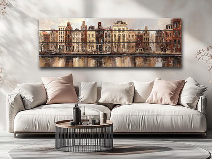 Amsterdam Canal Houses Print – Rustic Wood Art Beige Wall Decor on Distressed Wood