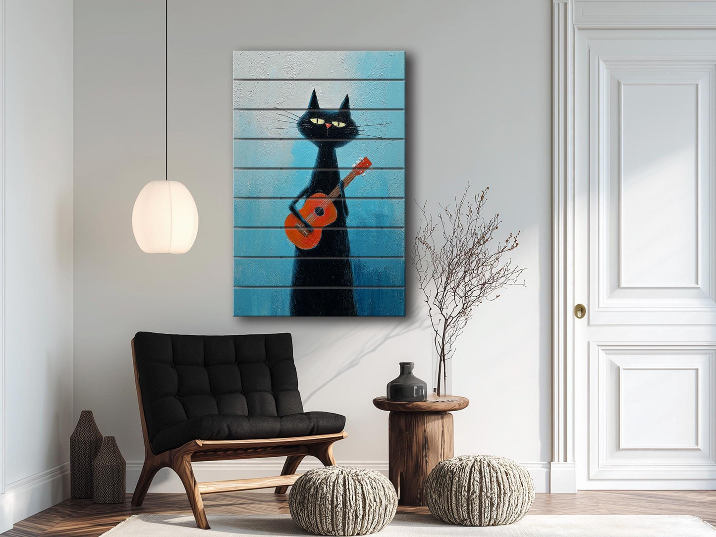 Cat Wood Wall Art – Rustic Siamese Cat Print with Ukulele on Natural Wood