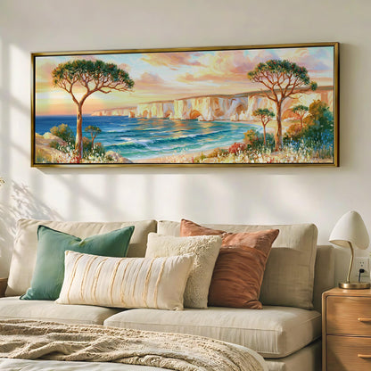 a large painting of a scenic landscape hanging on a wall above a beige sofa with colorful throw pillows.