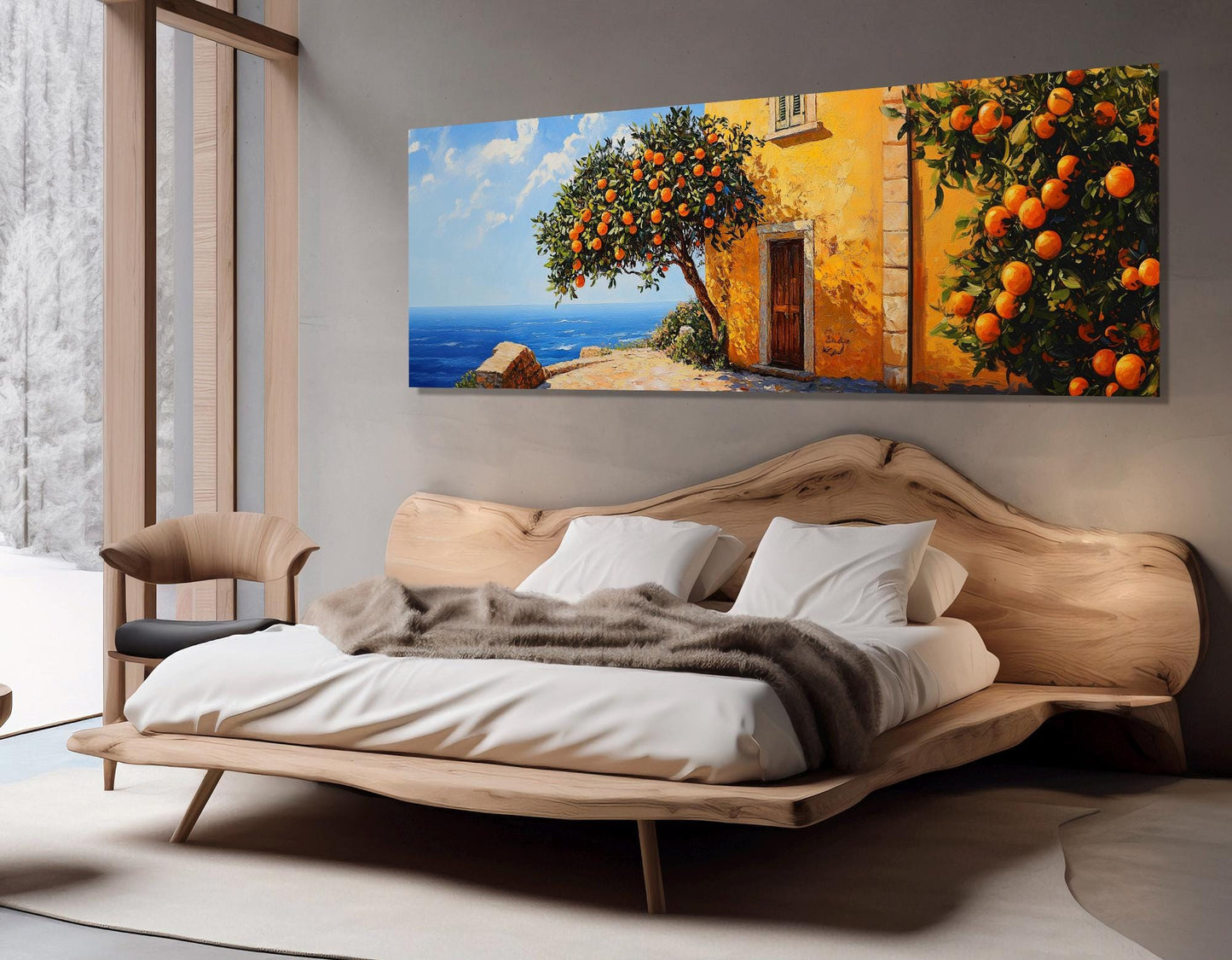 Mediterranean Canvas Print – Scenic Sea Coast Painting with Orange Trees | Framed Wall Art