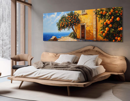 Mediterranean Canvas Print – Scenic Sea Coast Painting with Orange Trees | Framed Wall Art