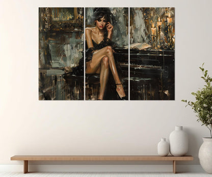 Boldini Style Canvas - Sexy Woman Piano Painting, Framed Ready to Hang