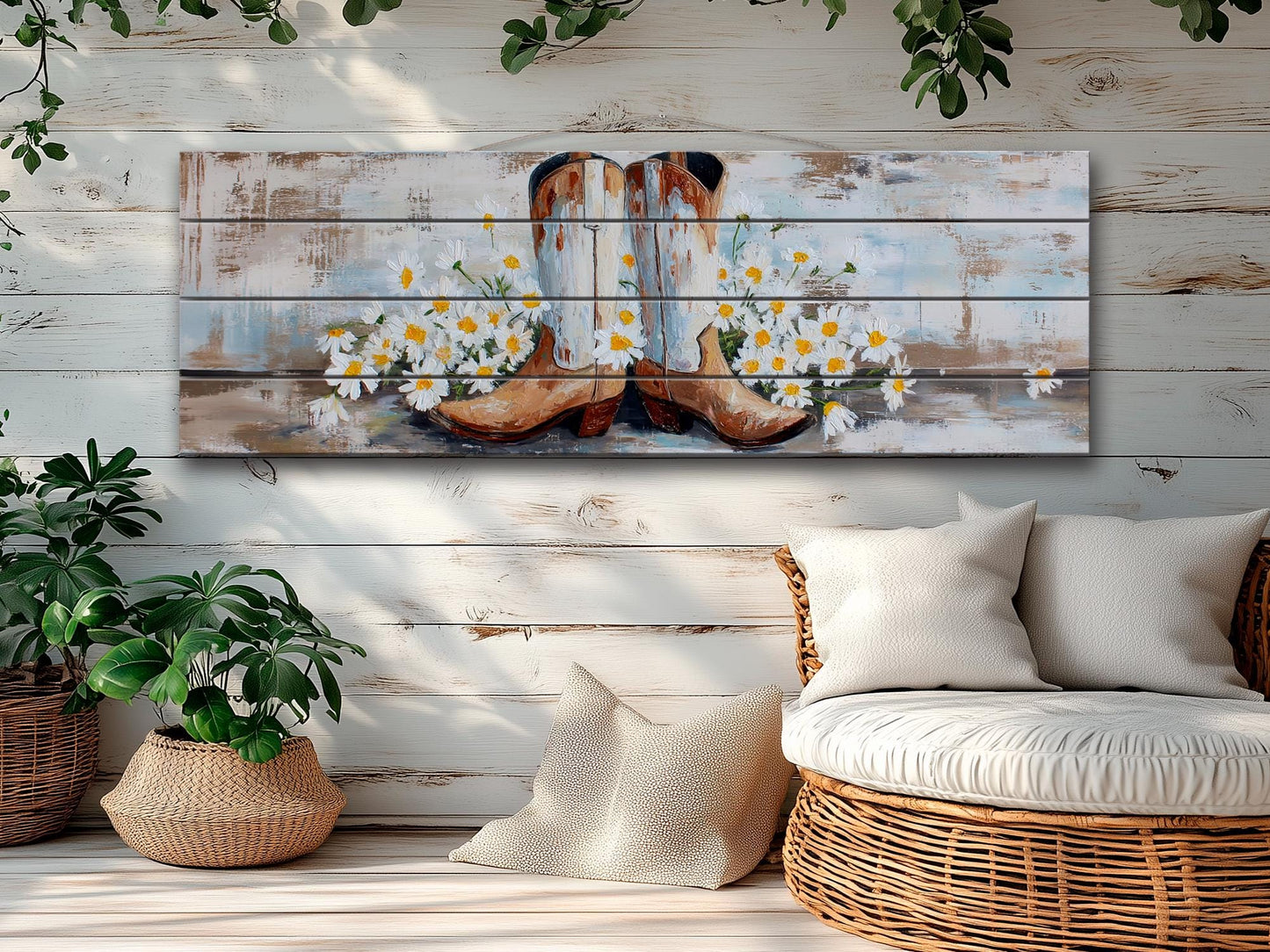 Cowboy Boots Wall Art - Handcrafted Wood Print | Rustic Western Decor with Daisies