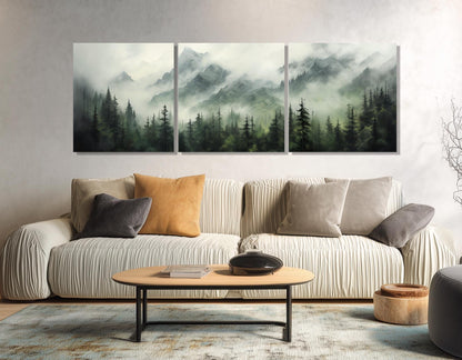Misty Mountain Forest Canvas – Foggy Pine Trees Painting | Framed & Ready to Hang