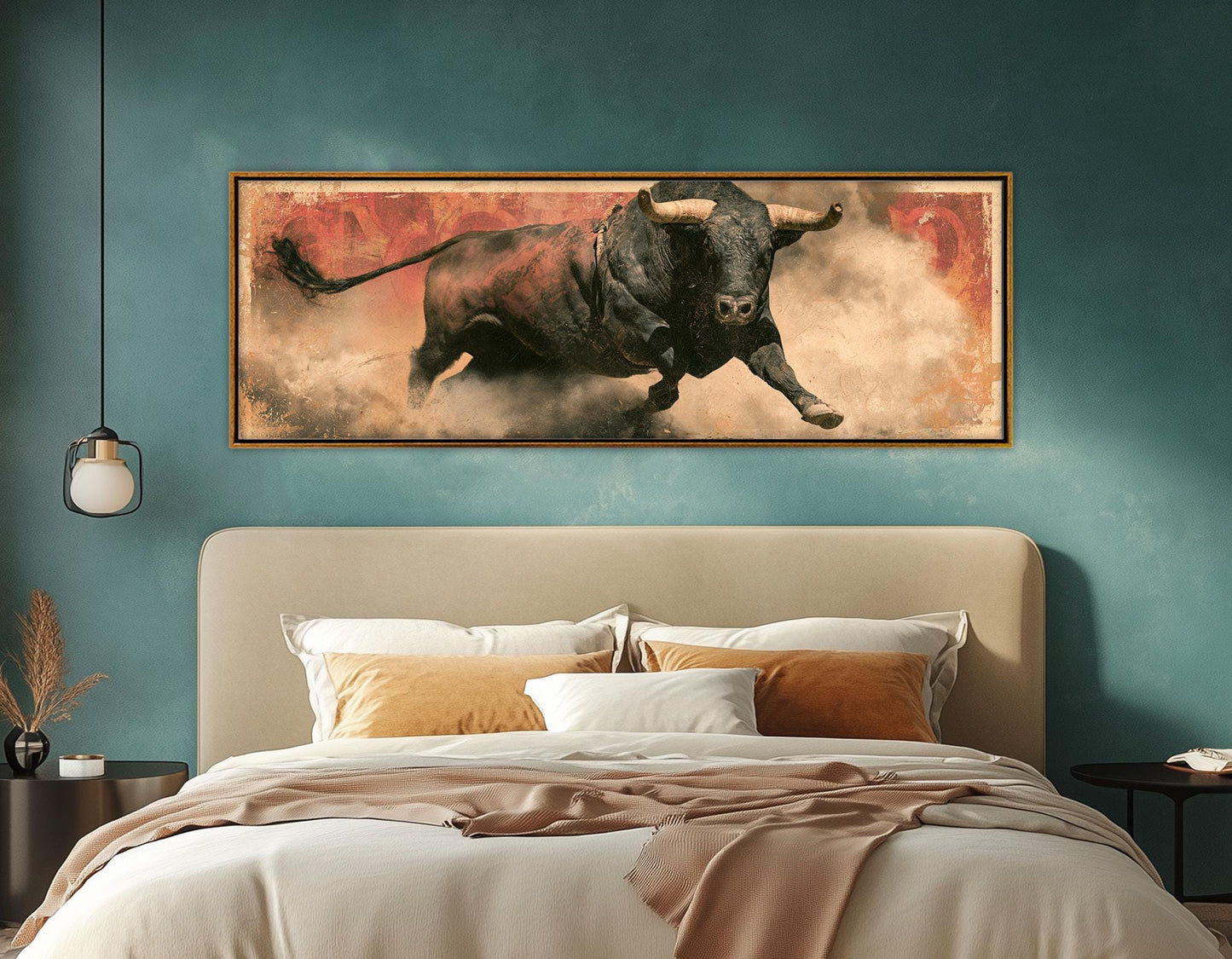 Rodeo Bull Canvas Print, Charging Bull Panorama, Large Western Wall Art, Framed and Ready to Hang