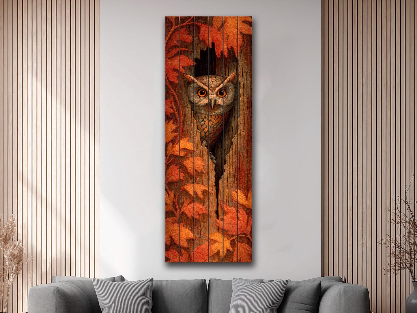 Curious Owl Peeking from a Hollow Tree with Autumn Leaves Print on Natural Wood, Vertical Autumn Painting, Wood Wall Art, Cozy Cabin Decor
