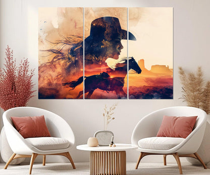 Cowgirl Horse Canvas Print - Abstract Western Wall Art | Framed Ready to Hang