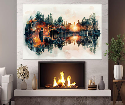 Abstract Guitar Canvas Print – Forest Background Art | Ready to Hang, Framed Guitar Painting