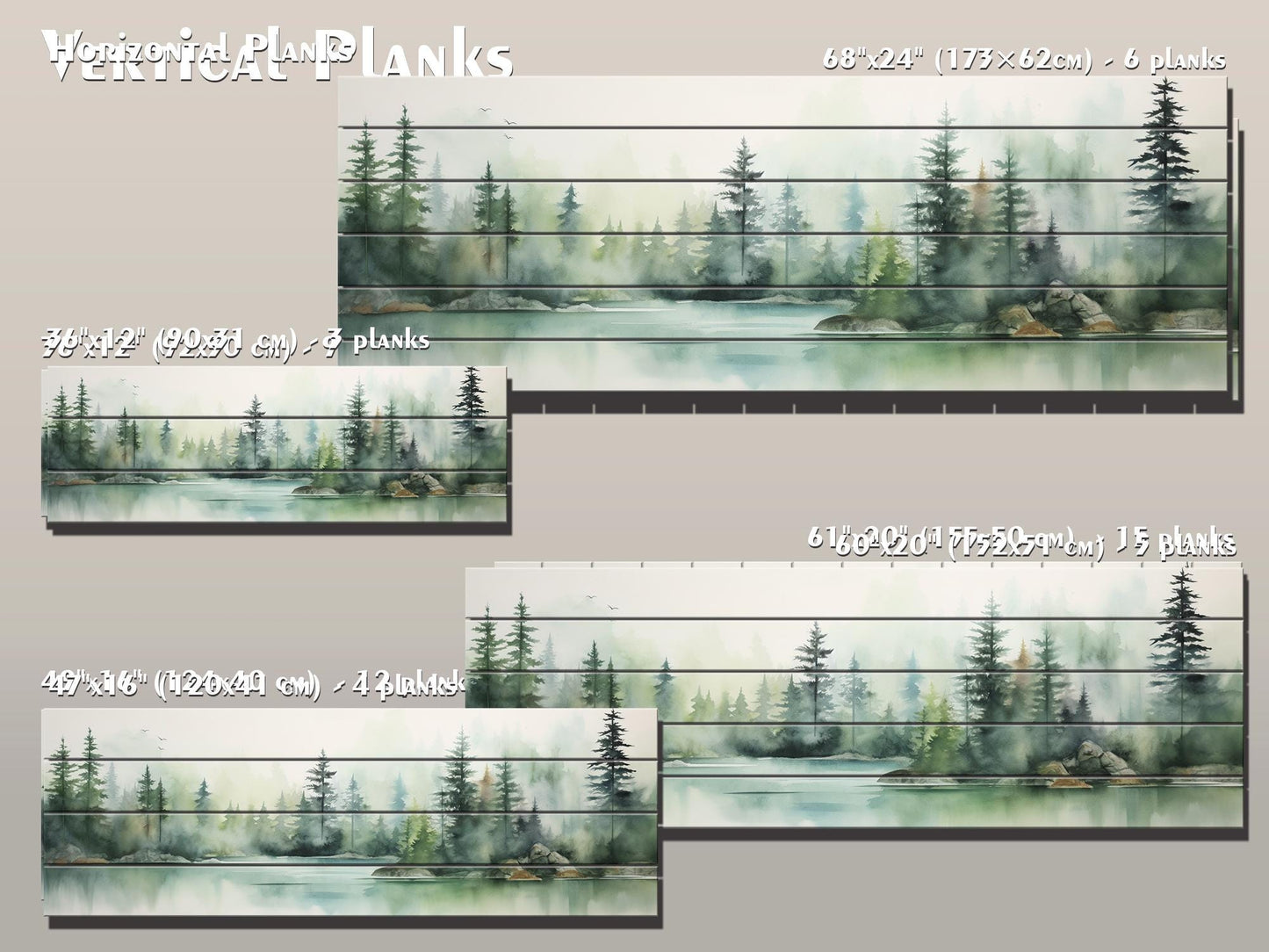 Lake And  Forest in Soft Watercolor Print On Natural Wood