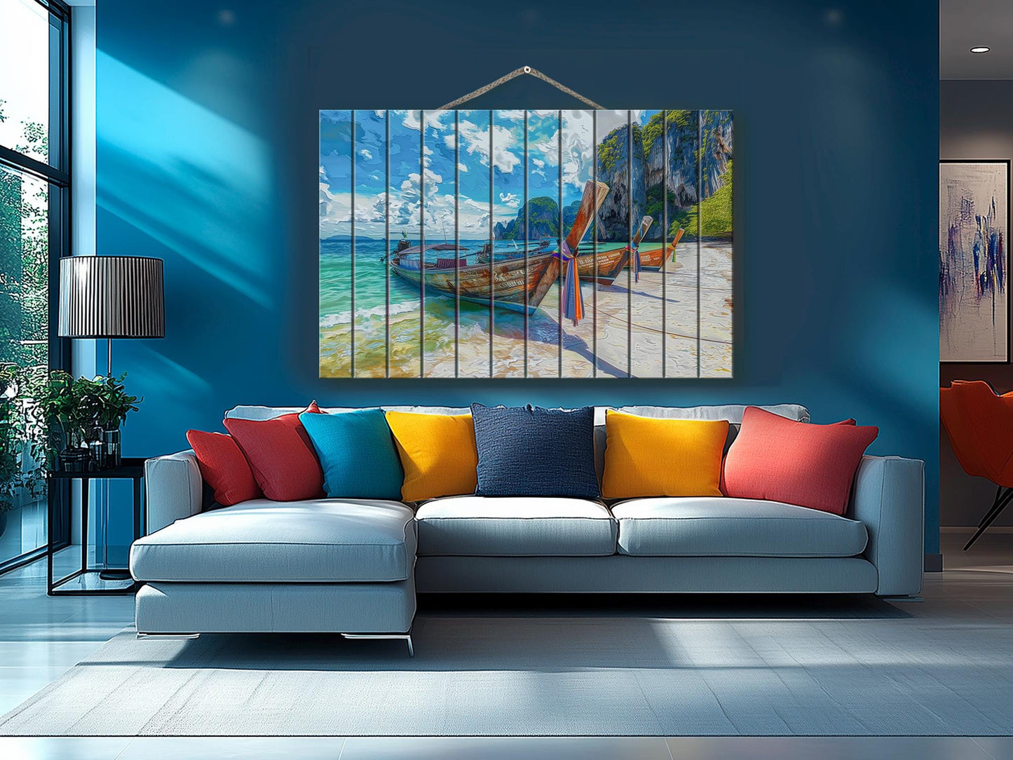Wood Wall Art - Boats on Beach Print | Tropical Wall Decor with Unique Wood Grain