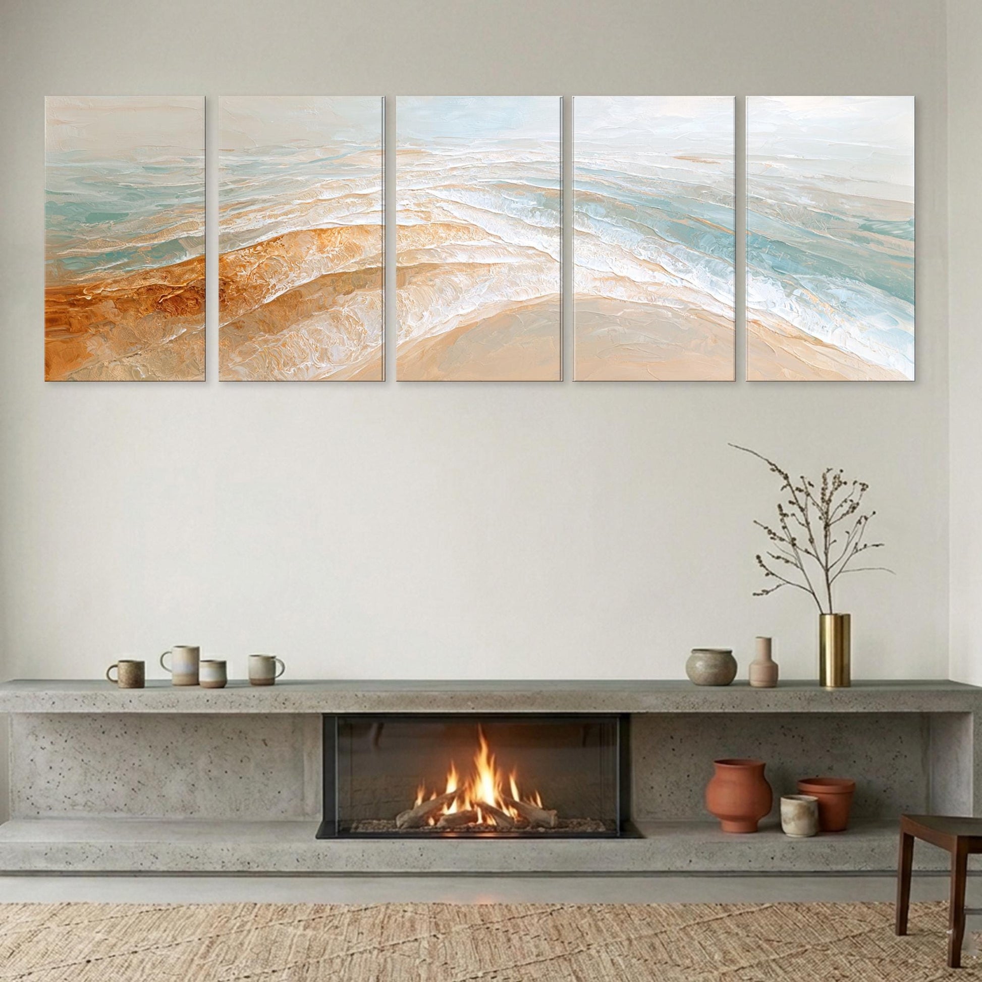 a cozy living room with a fireplace, a wooden shelf with decorative items, and a large abstract painting depicting a beach scene above the fireplace.