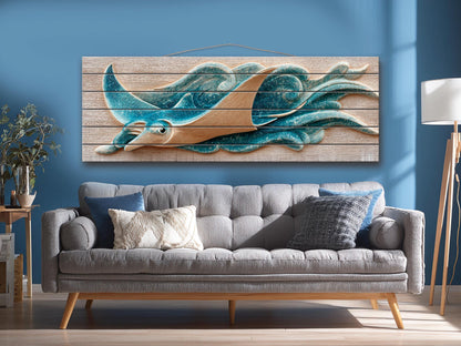 Manta Ray Wood Print – Coastal Wall Art With Rustic Nautical Decor
