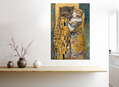Cats Kiss Canvas Print - Gustav Klimt Style Romantic Cat Painting, Framed Art