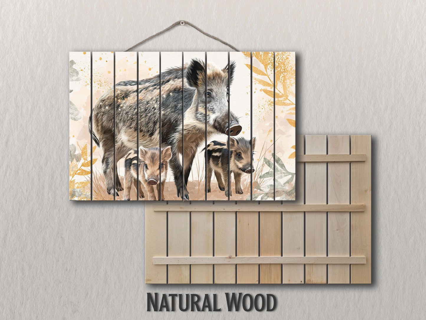 Cute Wild Boar Family Kids Print on Wood – Animal  Wall Art