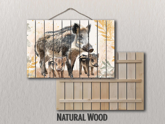 Cute Wild Boar Family Kids Print on Wood – Animal  Wall Art