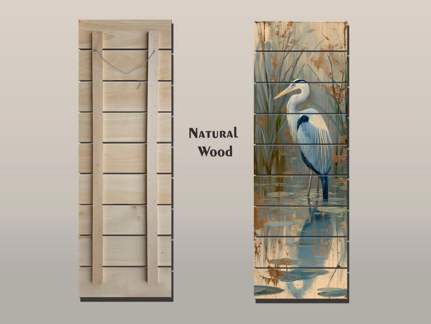 Heron in a Lake Rustic Print on Natural Wood, Cozy Cabin Wall Decor
