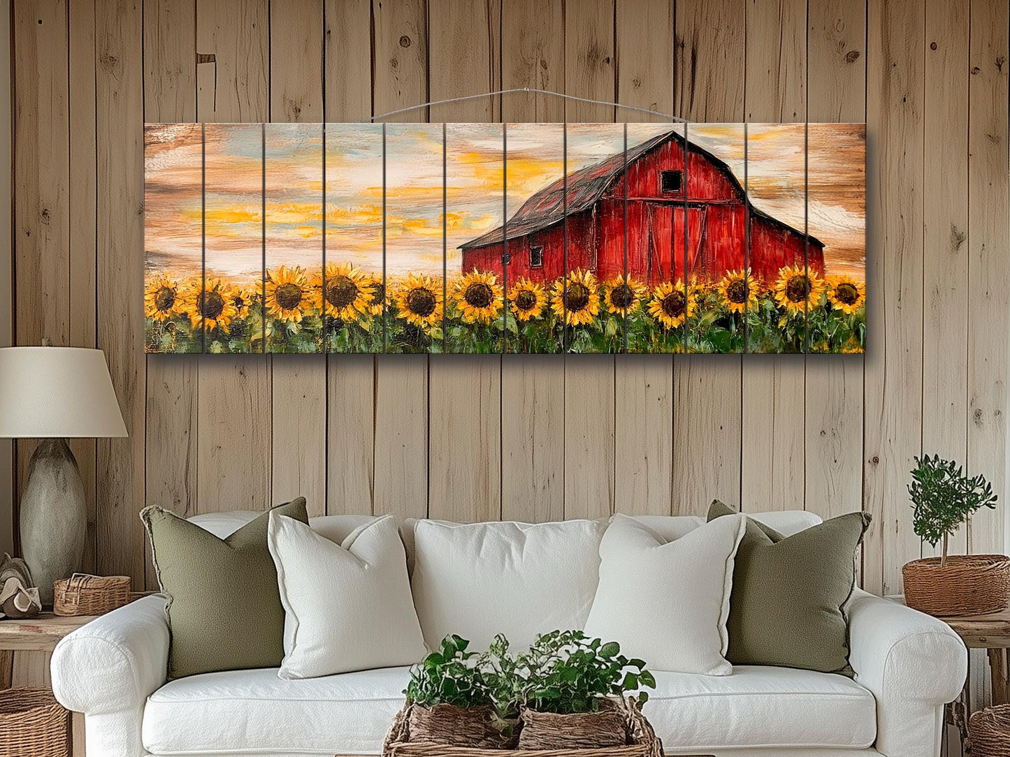Rustic Wood Print – Sunflowers Field Art with Old Barn on Natural Wood Planks