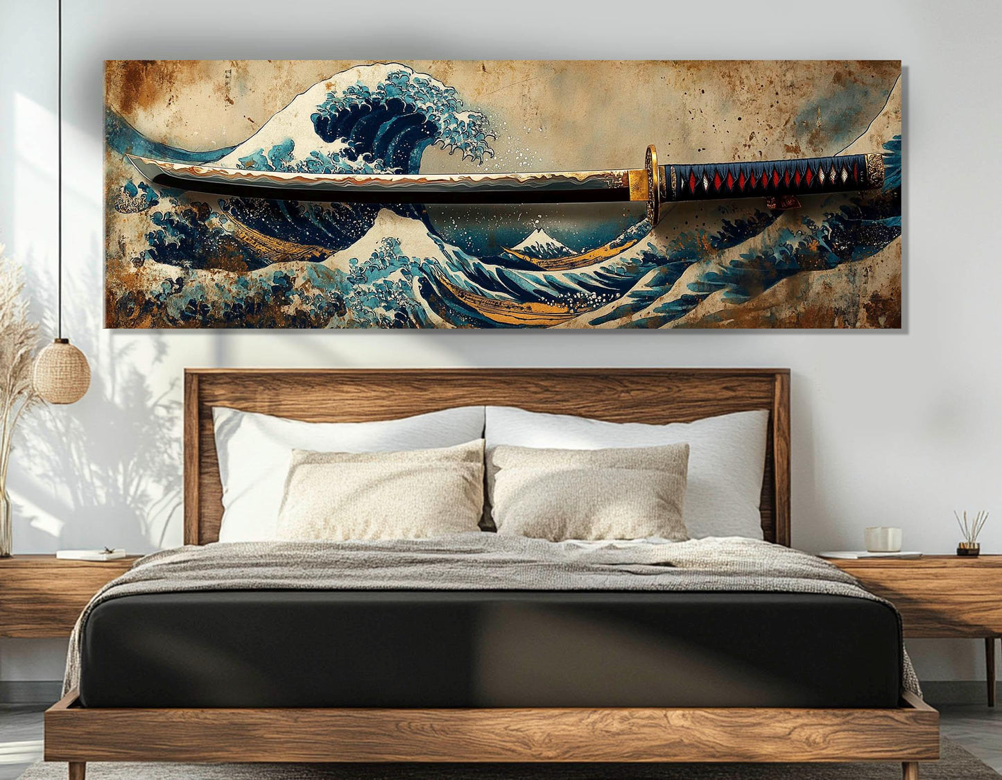 Japanese Wall Art – Samurai Sword Canvas with Great Wave Print | Framed Canvas Art Ready to Hang