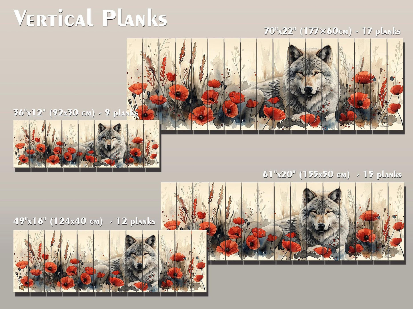 Wolf Wood Wall Art – Rustic Wood Print with Red Poppies and Wildlife Decor