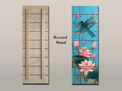 Rustic Wood Wall Art – Dragonfly Wall Print with Water Lily Artwork | Farmhouse Pond Decor