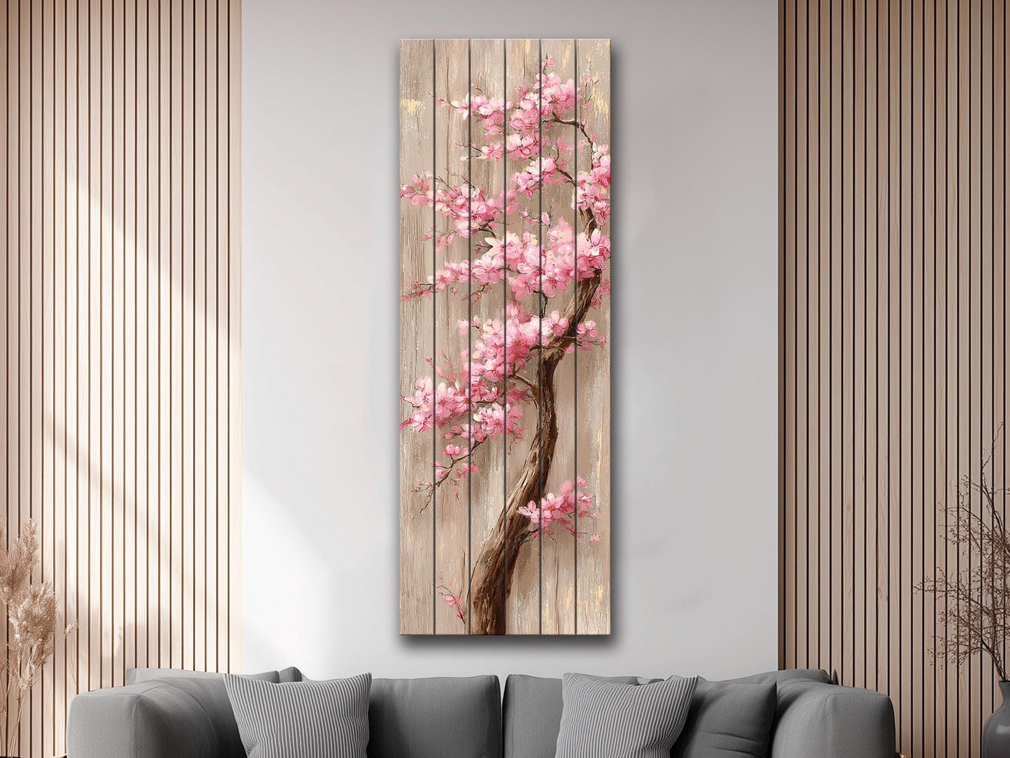 Cherry Blossom Tree with Cascading Pink Flowers Print on Natural Wood, Floral Wall Decor, Rustic Sakura Tree Painting, Floral Wall Art