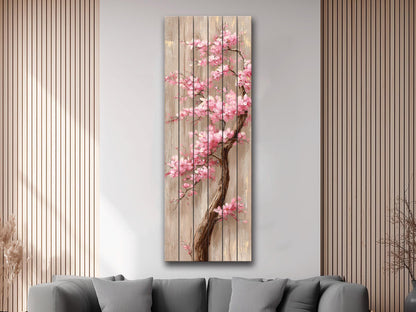 Cherry Blossom Tree with Cascading Pink Flowers Print on Natural Wood, Floral Wall Decor, Rustic Sakura Tree Painting, Floral Wall Art