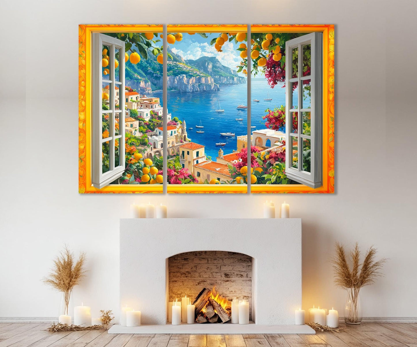Open Window with Amalfi Coast Canvas Print, Amalfi Painting, Window to Italy, Amalfi Wall Art, Framed and Ready to Hang