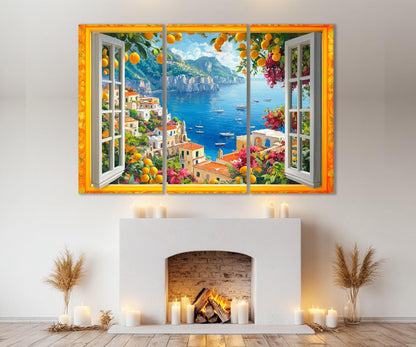 Open Window with Amalfi Coast Canvas Print, Amalfi Painting, Window to Italy, Amalfi Wall Art, Framed and Ready to Hang