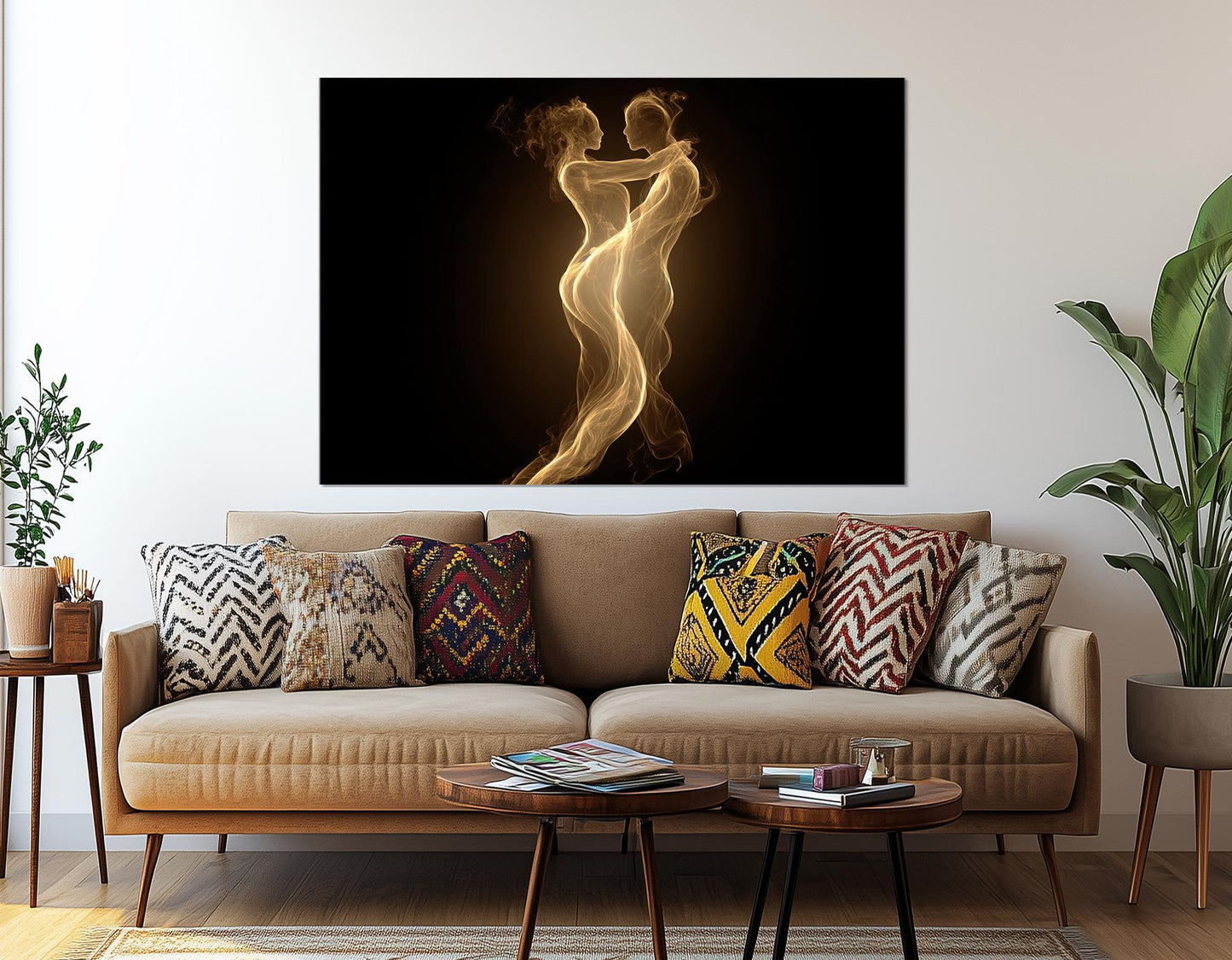 Romantic Canvas Wall Art – Sensual Golden Flame Couple Abstract Bedroom Decor